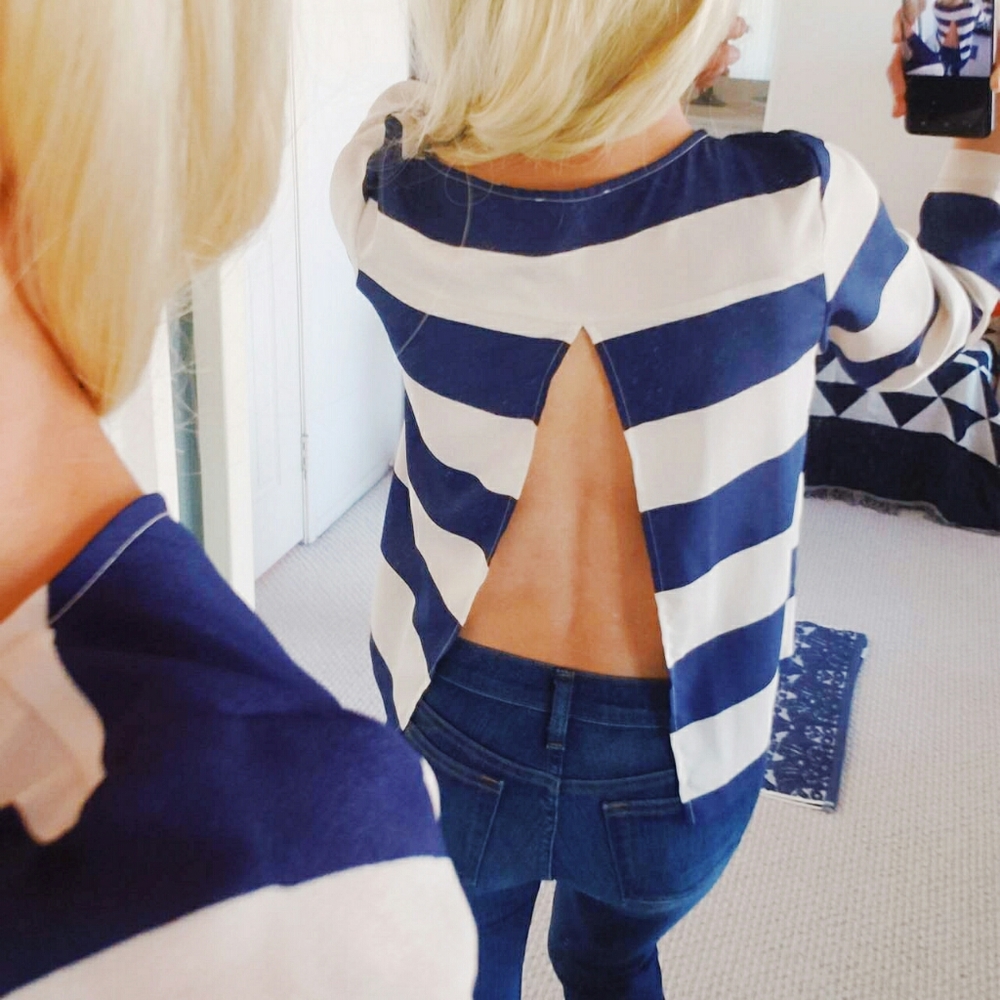 UO|COPE Open Back Blue/Cream Striped Blouse